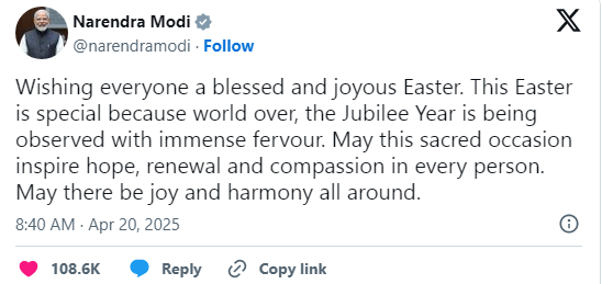 प्रधानमंत्री ने देशवासियों को ईस्टर पर्व के अवसर पर शुभकामनाएं दीं